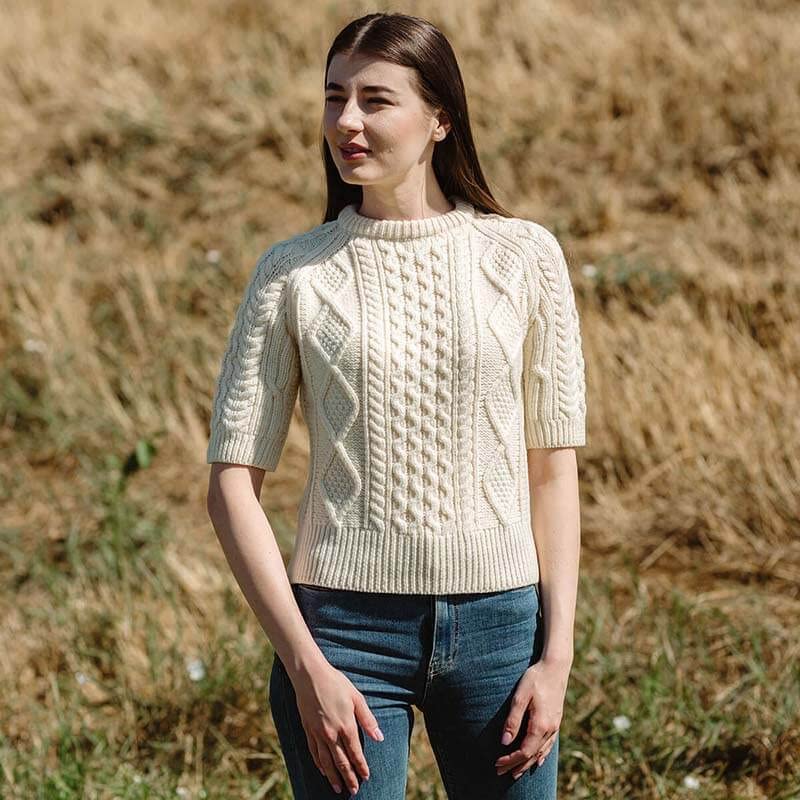 Image of Traditional Irish Sweater for Ladies Short Sleeve Cable Knit - 100% Merino Wool