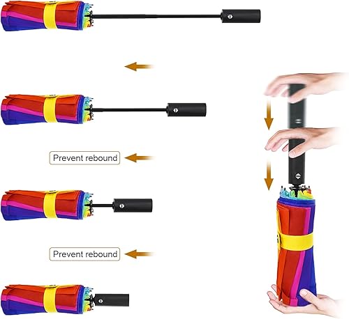 Miniatura 5 de Lejorain Paraguas grande de golf resistente al viento, 54 pulgadas, doble capa, arco iris, 10 varillas, paraguas plegable de viaje, compacto, cierre