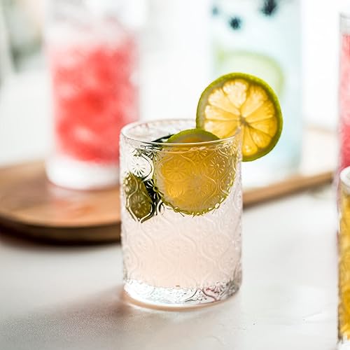 Miniatura 8 de Juego de 4 vasos de vidrio vintage, vasos de 9 onzas, estilo estampado en relieve, transparentes, para café helado, jugo, cerveza, bebidas de bar,