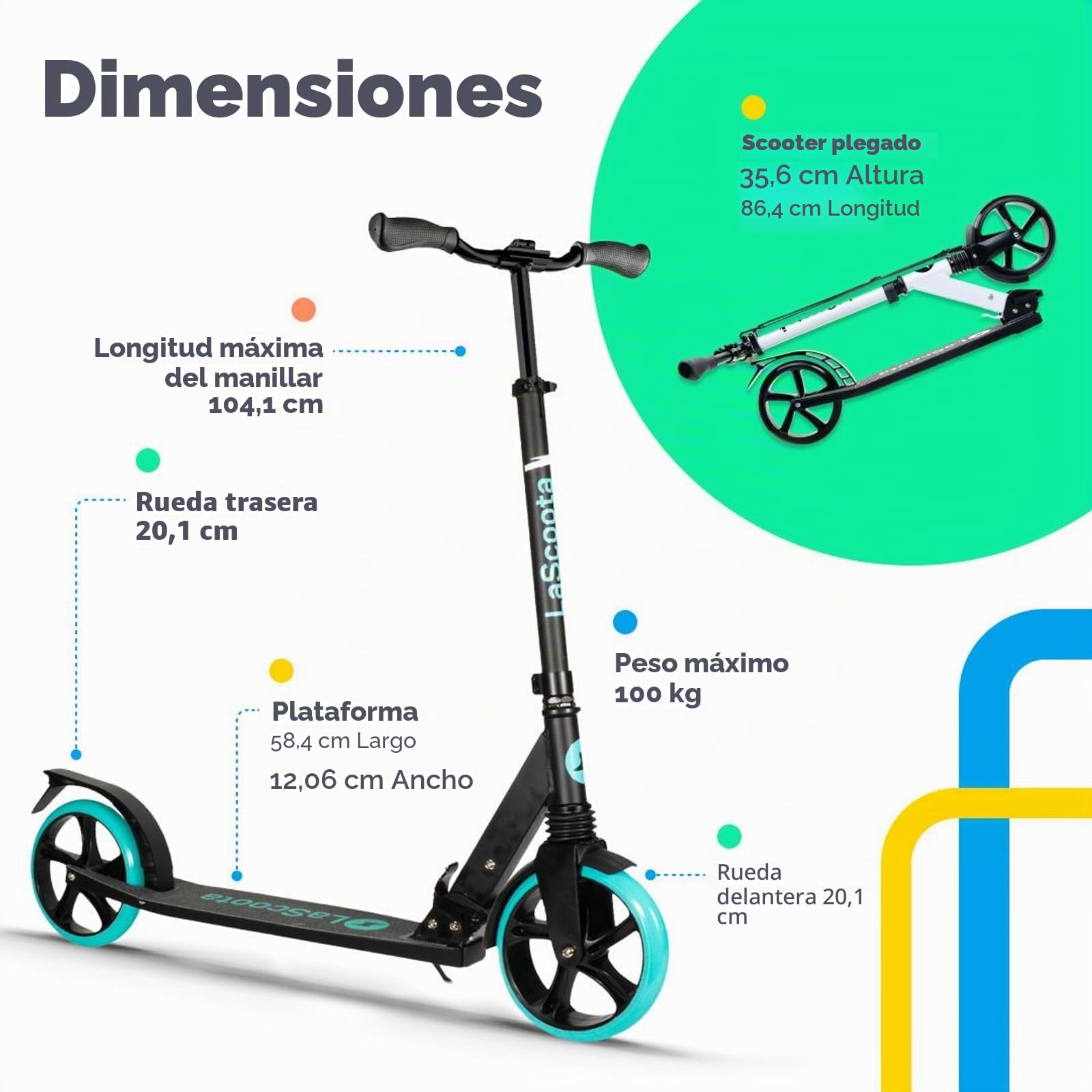 Lascoota Roller für Kinder AB 8 Jahren- Tretroller Erwachsene - Klappbar & Höhenverstellbar - Federungssystem vorne + Roller-Schultergurt 20 cm große Räder große Scooter für Jugendliche