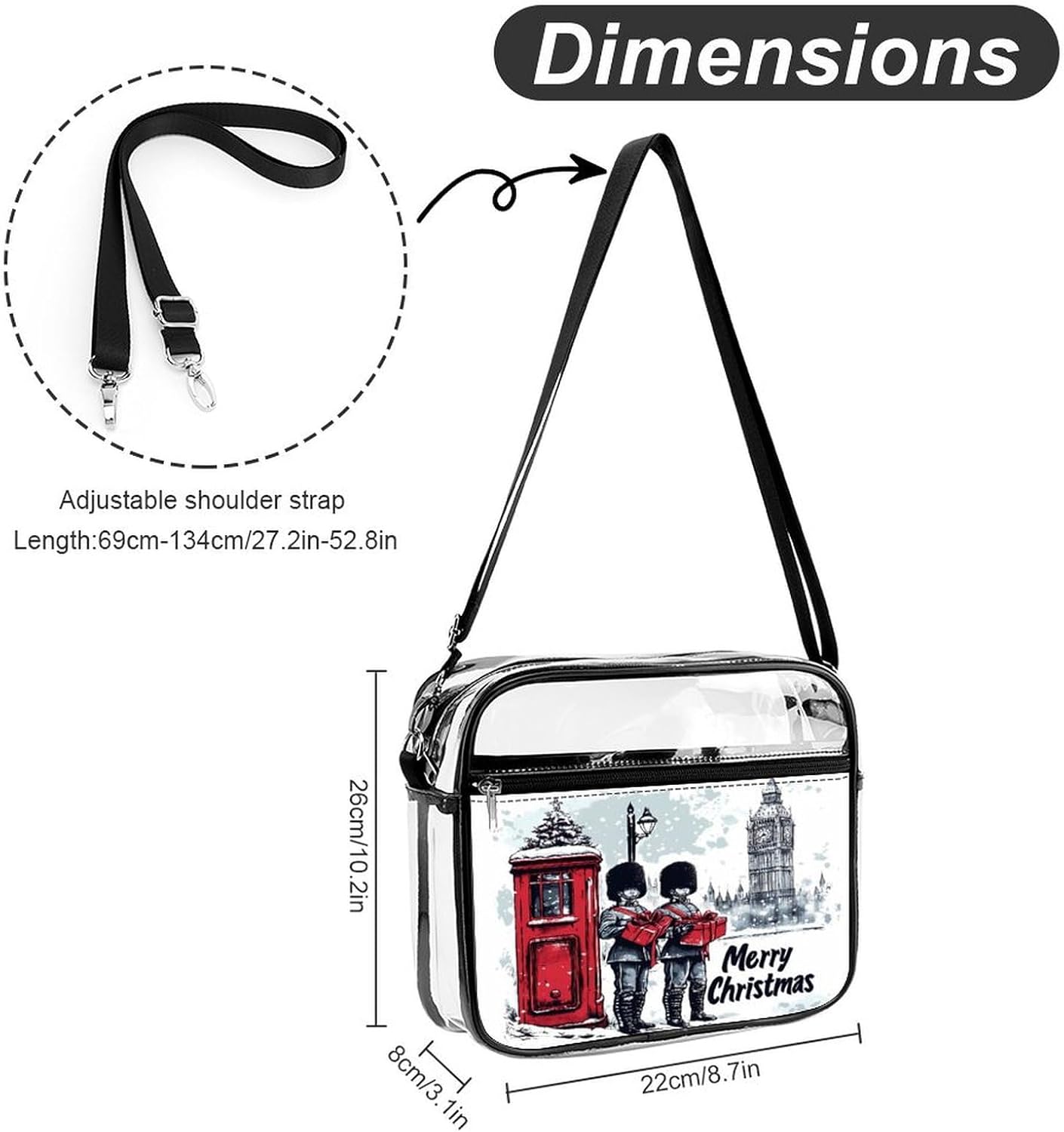 Merry Christmas England Clear Crossbody Bags Shoulder Bag Messenger Purse for Stadium Concerts Sports Events