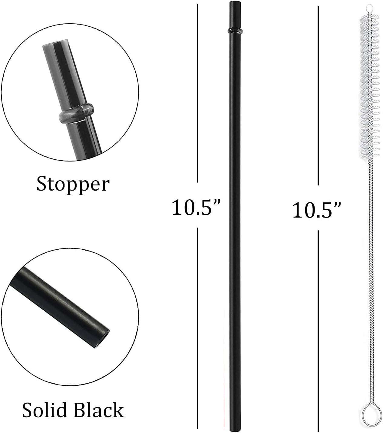 ALINK 12-Pack Reusable Black Straws, 10.5" Long Hard Plastic Tumbler Replacement Straws with Cleaning Brush