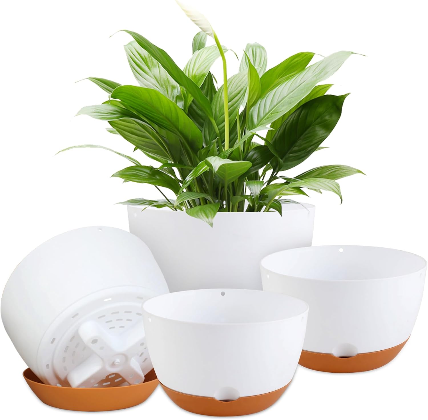 8/8/10/12 Inch Pots for Indoor Plants, 4 Pack Large Self Watering Planters with Drainage and Saucers, Plastic Outdoor Flower Pot(White) White 4-pack 8/8/10/12 inch