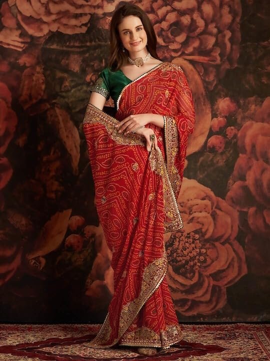 Image of Women's Georgette Bandhani Printed Embroidery Saree with Unstitched Blouse Piece