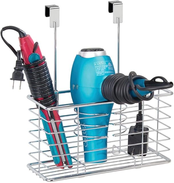 mDesign Over The Door Hair Dryer Holder - Hair Dryer Storage in a Mesh Basket - Practical Multifunctional Shelf for Hair Dryer, Curling Iron or Hair Straightener - Silver
