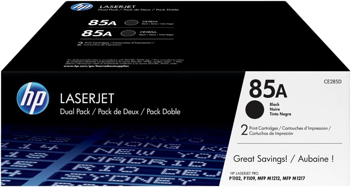 HP 85A Black Toner Cartridges (2-pack) | Works with HP LaserJet Pro P1102, P1109 Series, HP LaserJet Pro MFP M1212, M1217 Series | CE285AD