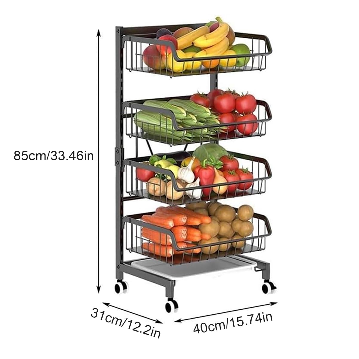 Carrello portafrutta con Ruote, Organizer a 4 Ripiani in Rete Metallica con Ruote, scaffale Multiuso Regolabile per Cucina o dispensa, per esporre Frutta e Verdura.