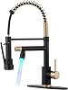 Qomolangma Commerical LED Kitchen Faucet with Pull Down Sprayer, Single Handle 2 Spout Stainless Steel Spring Kitchen Sink Faucet with Lock, Matte Black and Gold