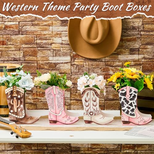 Image of 12 Set Western Boots Flower Boxes Centerpiece Boot Shape Gift Boxes Party Decoration Vase Centerpieces for Tables Boots Rodeo Birthday Baby Shower Supplies(Western Pink,Cowgirl Cow)