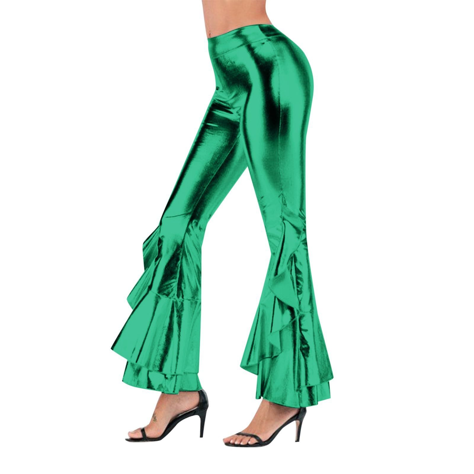 Flare Trousers Shiny Metallic Faux Leather Leggings Women High Waisted Ruffled Bell Bottom Pants Retro Disco Style for Festival Performance Party Wear Figure Rave Outfits Clubbing 3XL Green