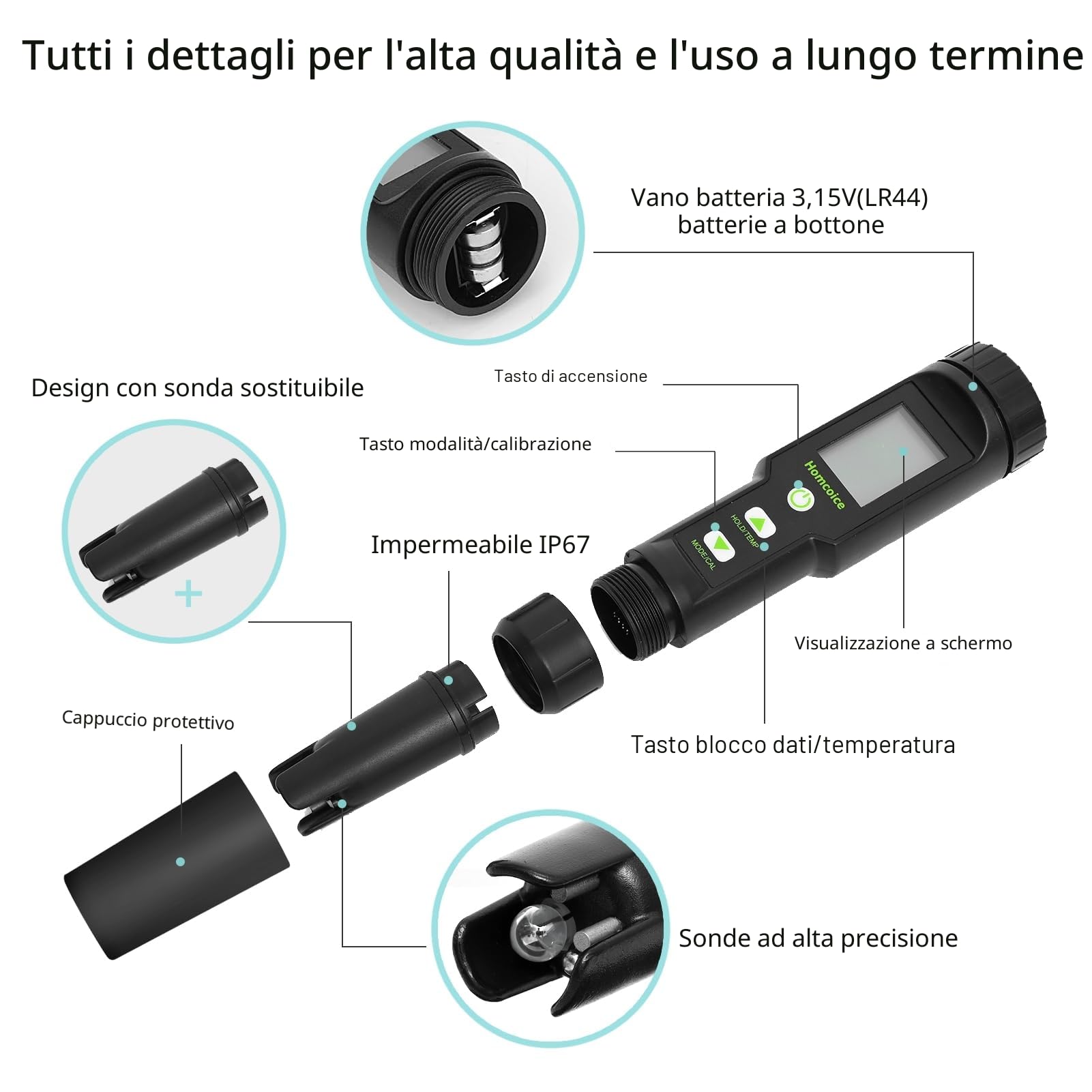 Misuratore pH 5 IN 1 Salinità TDS EC Temperatura, Tester pH Acqua IP67 impermeabile 0,01 Tester Qualità Acqua ad alta precisione con funzione ATC
