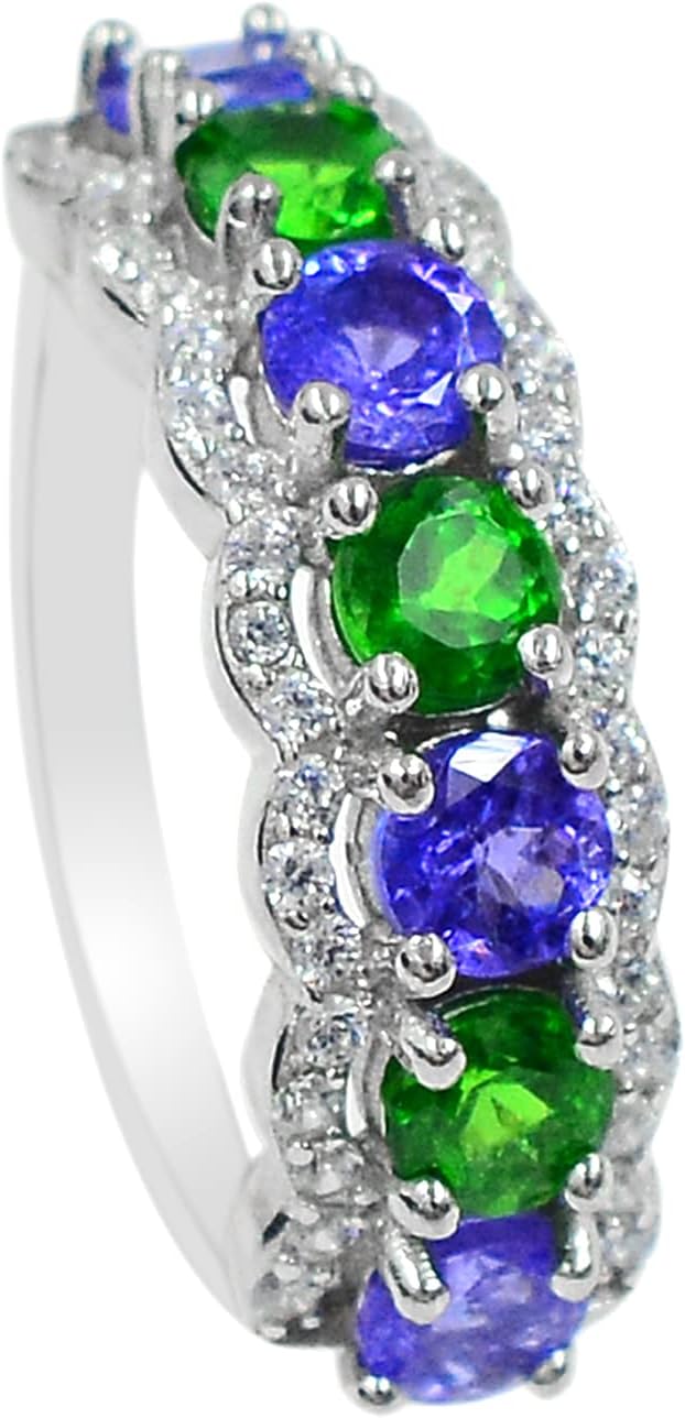 925 Sterling Silver Natural Tsavorite Green Garnet & Blue Tanzanite Gemstone Cluster Unisex Proposal Ring Wedding Jewelry Double Birthstone Women Ring Birthday Gift For Wife