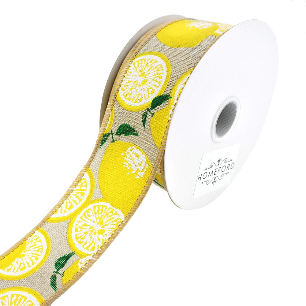 Homeford Bright Printed Lemons Wired Linen Ribbon, 1-1/2-Inch, 10-Yard (Natural)