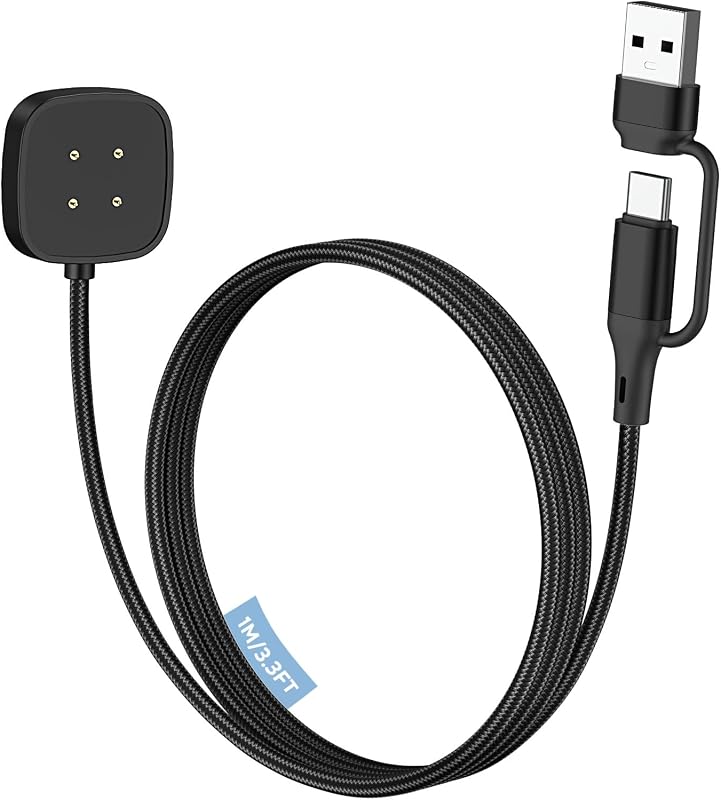 MoKo Cargador 2 en 1 actualizado para Fitbit Versa 4/Versa 3/Sense 2/Sense, soporte de carga magnético USB A/C para Google Pixel Watch 3/2, cable de carga portátil de repuesto para Fitbit Watch, negro