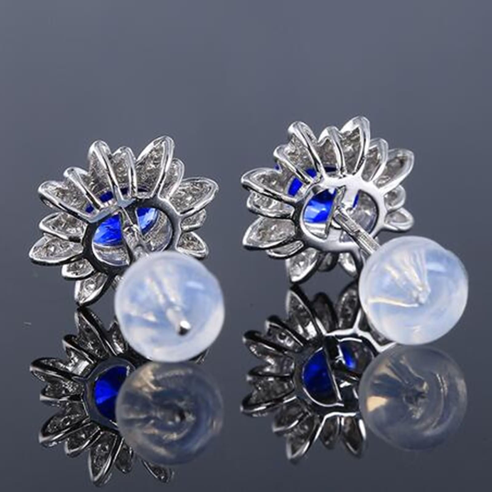 Weißgold 375/585 / 750 Ohrringe Hochzeit Damen, Blume und Oval mit Erstellter Saphir 0,9 Karat und Moissanit, Frauen Ohrring Blau Silber