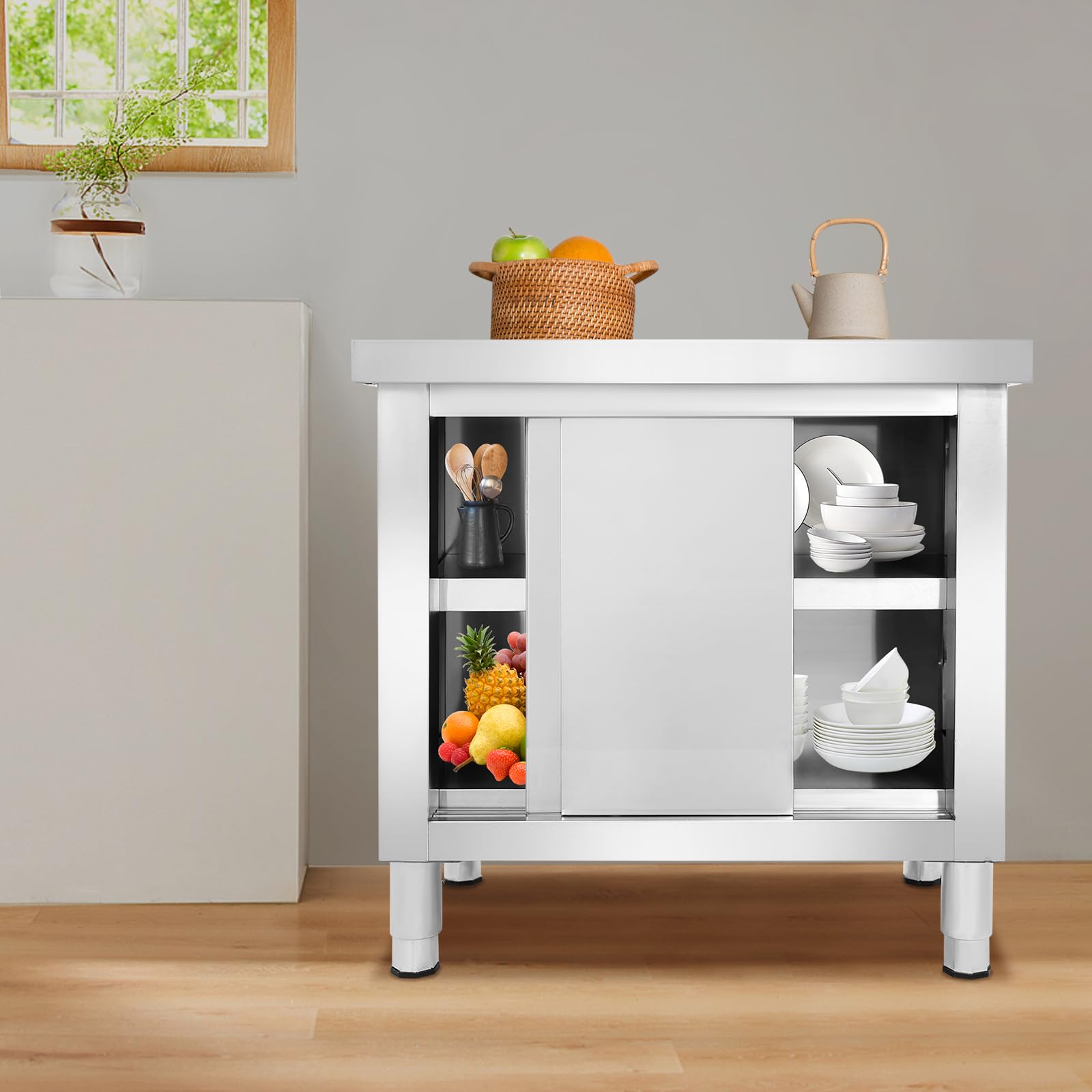 Arbeitstischschrank 201 Edelstahl, 80x50x80cm, 300kg, Schiebetüren