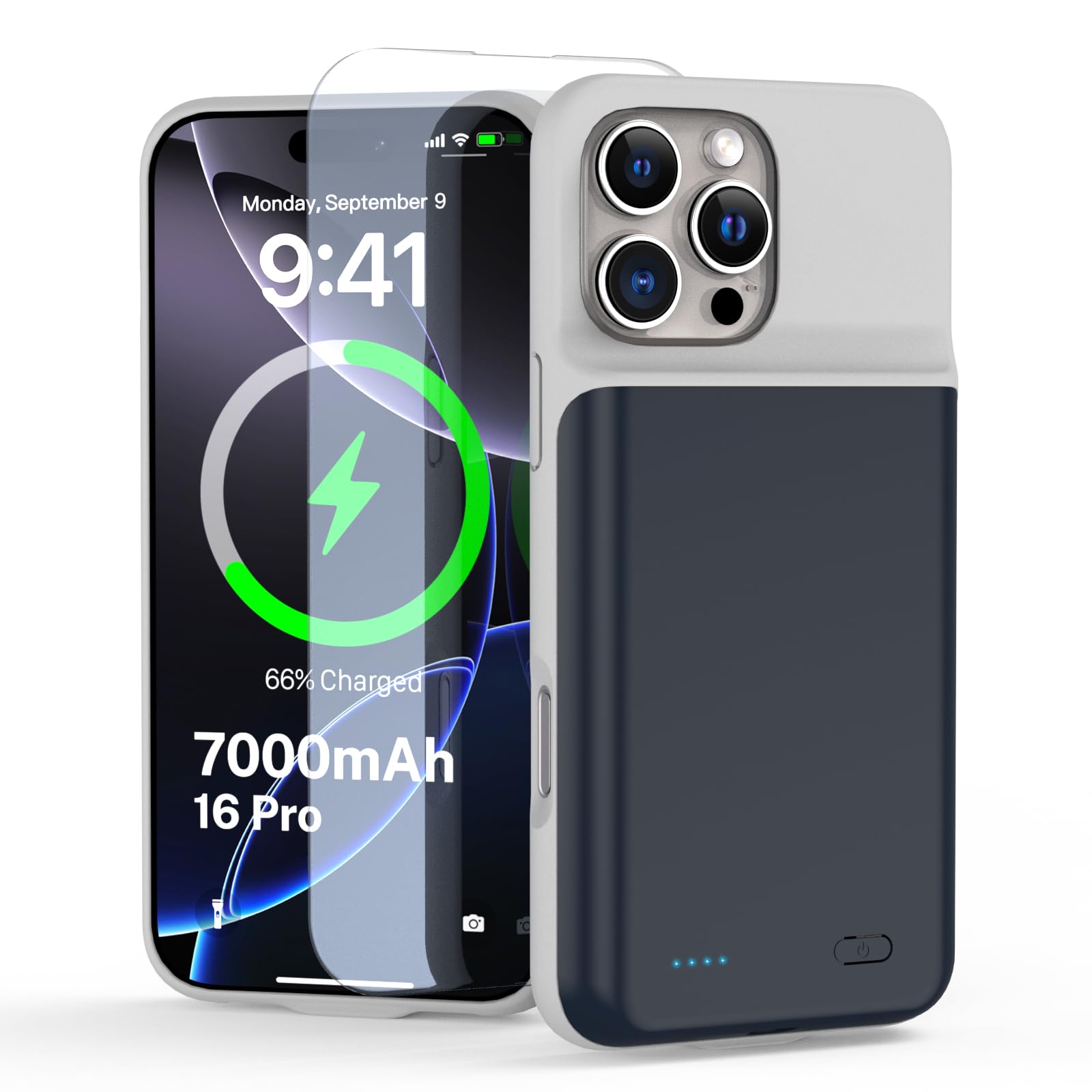 Custodia per iPhone 16 Pro (6,3"), 7000 mAh, ricaricabile, con protezione del carro armato, in vetro, per batteria aggiuntiva, per batteria, colore: blu