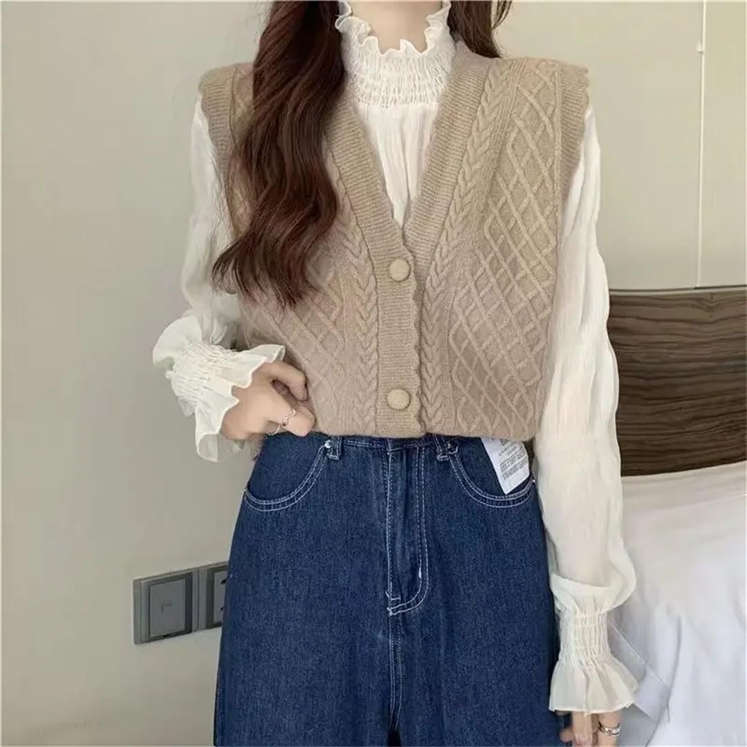 Gilet da donna con bottoni, scollo a V, elegante, lavorato a maglia