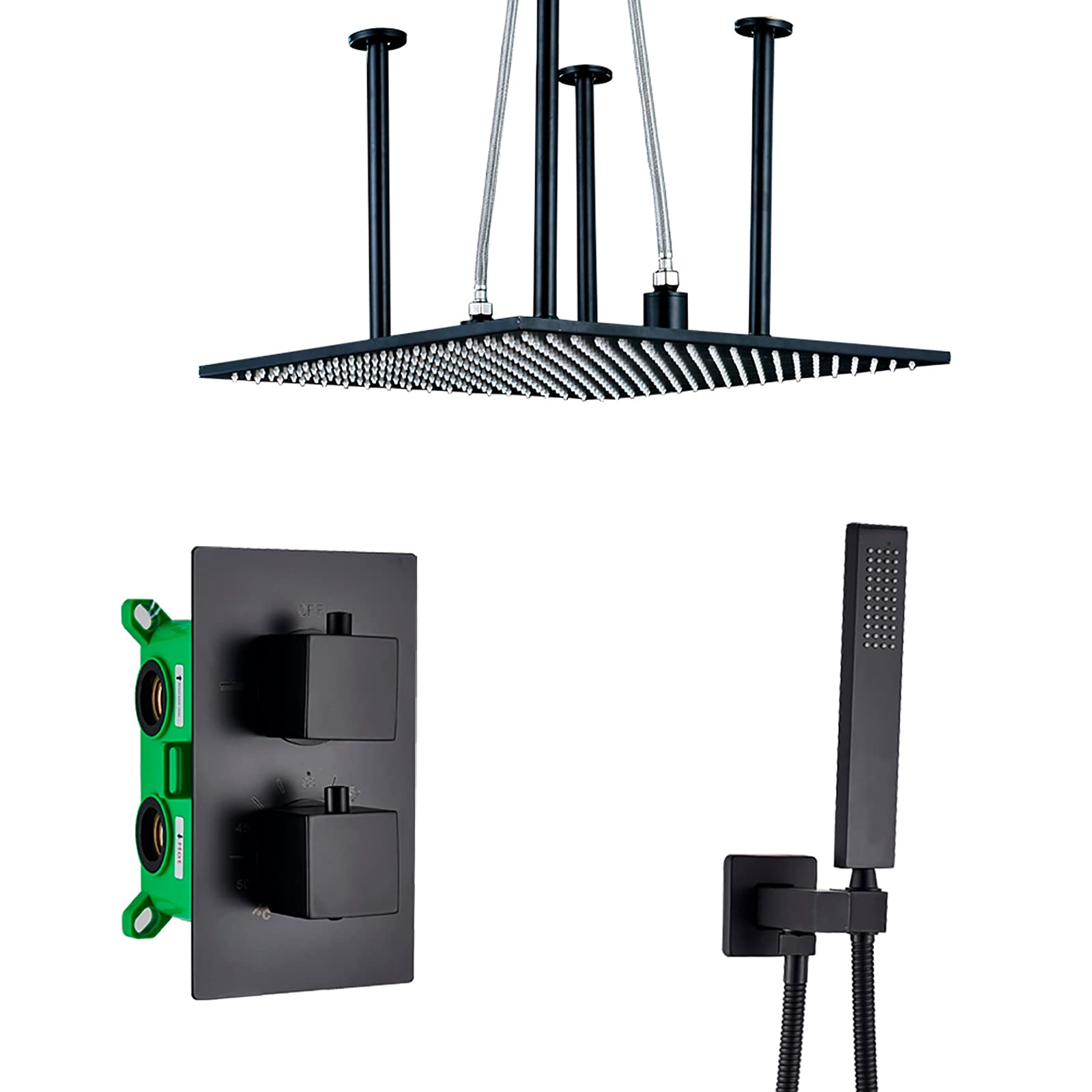 Système de douche thermostatique anti-brûlure à grand ciel de pluie LED noir