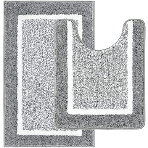 Pauwer Lot de 2 Tapis de Bain Microfibre Antidérapant, Tapis Salle Bain Tapis Toilette WC Absorbant et Doux, Ensemble Tapis Salle de Bain Lavable en Machine, Gris Foncé