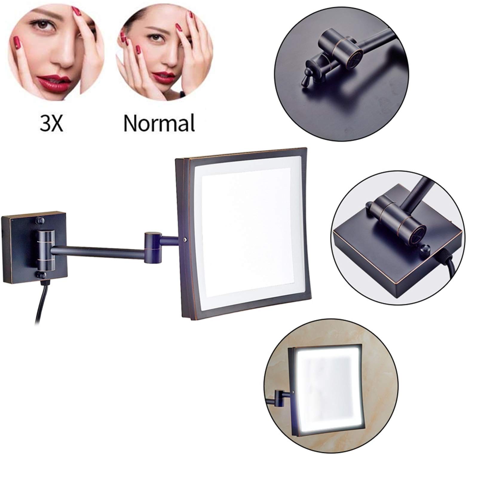 Lustro Do Makijażu Led, 8-Calowe Mosiężne Lustro Powiększające, Łazienkowe Lustro Do Golenia Montowane Na Ścianie, Obracane O 360 Stopni I Rozkładane Lustro Z Wtyczką, Chromowane,Black-3X