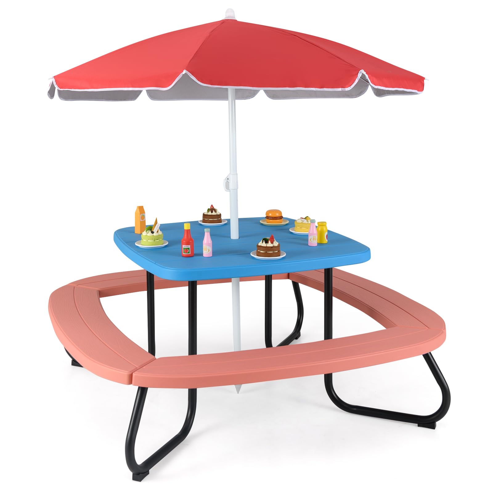 COSTWAY Mesa de Picnic para Niños, Mesa de Actividades con Sombrilla Ajustable y Plegable, 4 Bancos Incorporados para hasta 8 Niños, Juego de Mesita de Picnic de HDPE con Marco Metálica (Azul+Rojo)