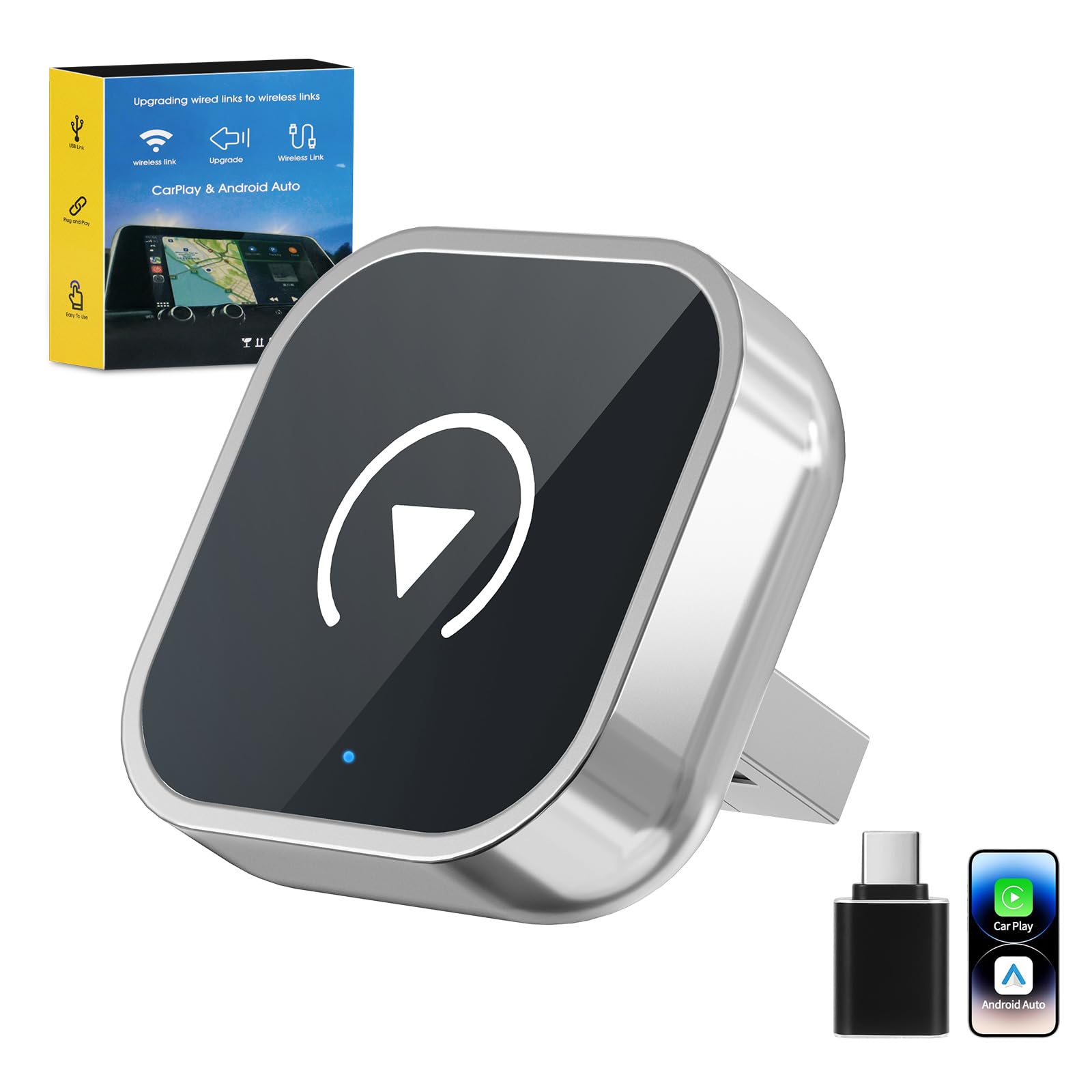 Adaptateur CarPlay sans fil pour iPhone CarPlay/Android Auto, mise à niveau rapide vers le sans fil, Plug & Play, Bluetooth 5.2 et WiFi 5GHz 4, sans latence, Mini & Stable, connexion