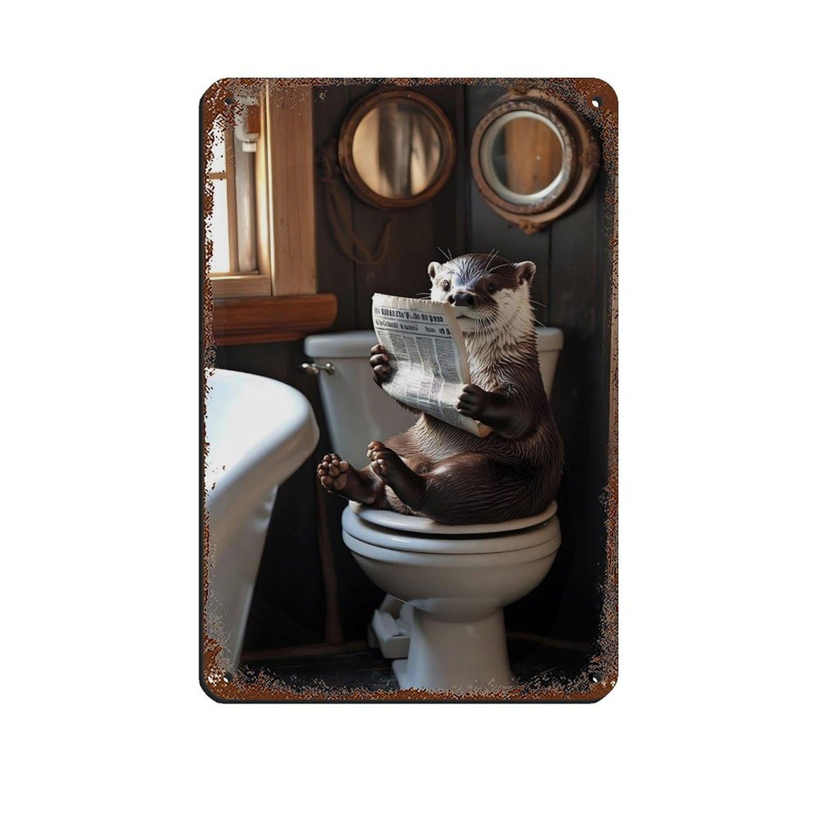 Lxwnze 20L X 30W Cm Funny Animal Bathroom,Otter With Newspaper Retro Poster Metal Tin Sign Chic Art Retro Iron Painting Bar People Cave Cafe Family Garage Poster Wall Decoration 8X12inch(20X30cm)