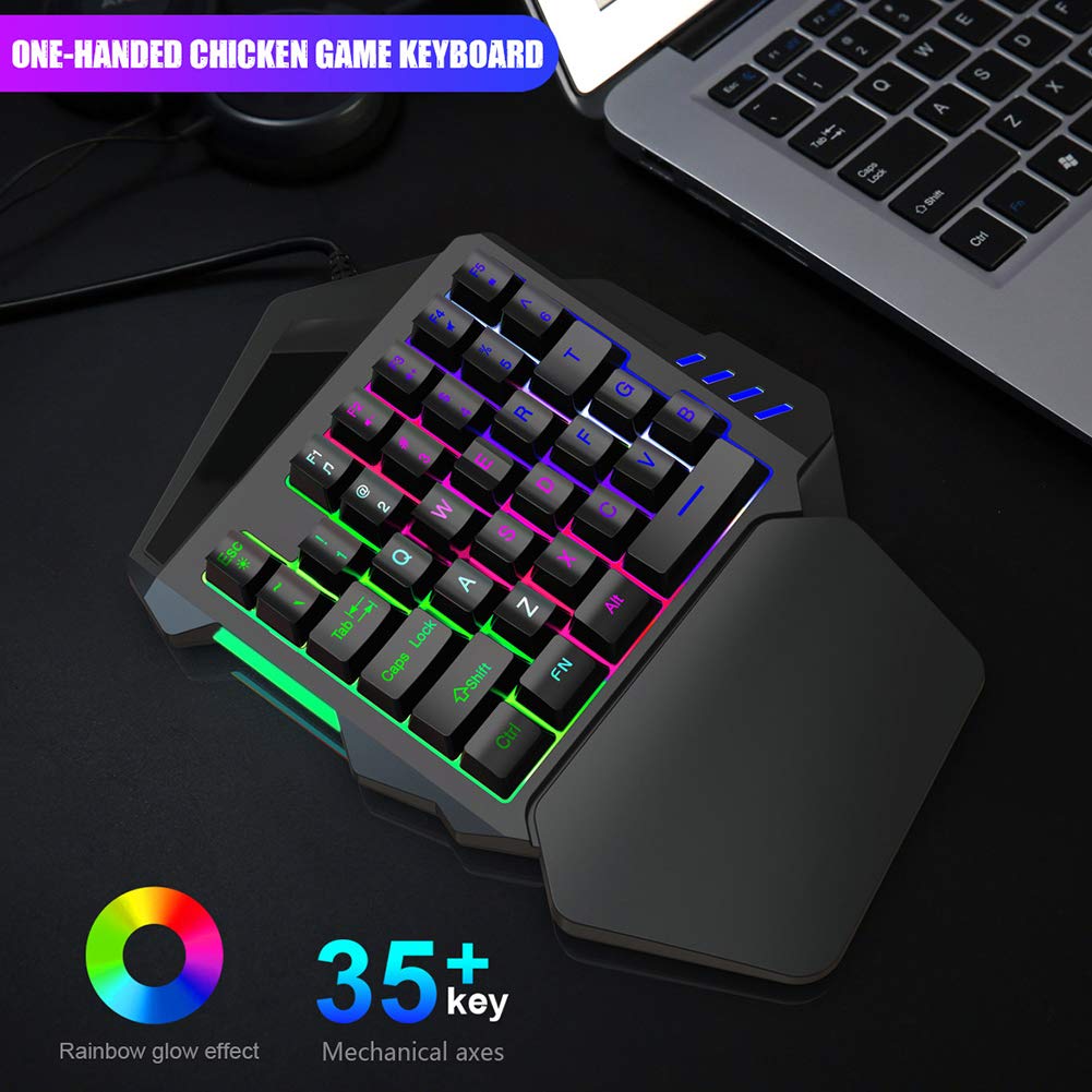 Tastiera e mouse da gioco RGB con una mano, combo USB cablata RGB Rainbow Letters retroilluminata a mano singola tastiera meccanica con supporto poggiapolsi, per Windows/per Android
