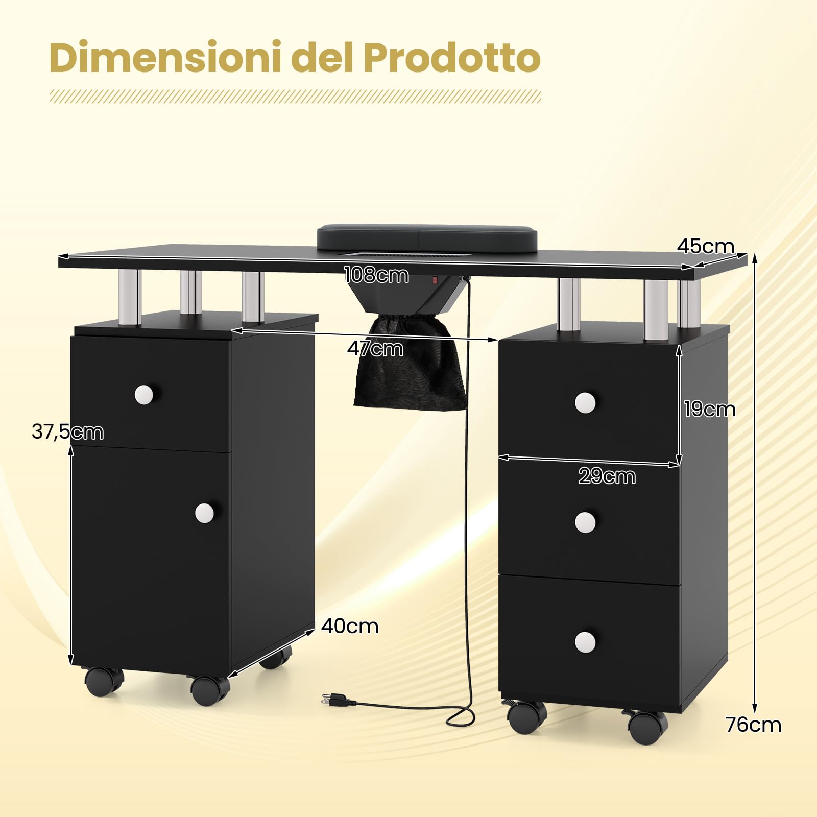 COSTWAY Tavolo Manicure con Aspirapolvere, Tavolo Unghie con Cassetti, Spina, 3 Sacchetti, Armadietto, Cuscino Poggia Polso e 8 Ruote blocabili, Banco Ricostruzione Unghie in Legno (Nero)