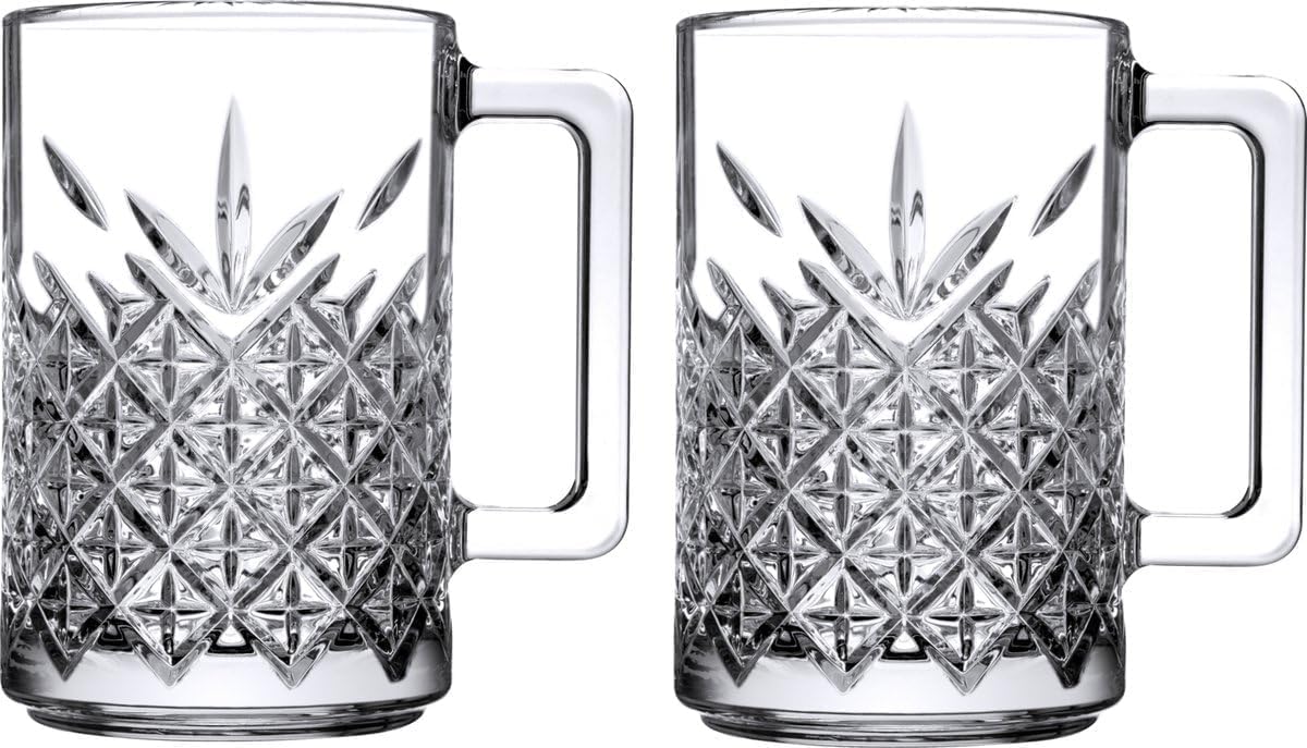 Crystal Cut Glass Coffee & Beer Mug Set – Heavy Duty Clear Latte & Coffee Mug with Handle, Thick Durable Glass, Large Capacity Drinking Cup for Beer, Iced Coffee, Milk, Home & Bar Use (2)