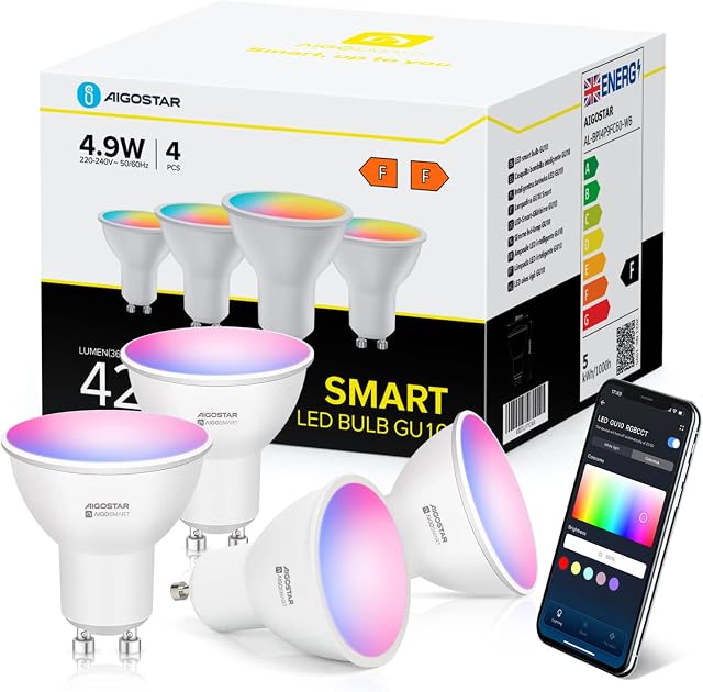 GU10 Smart Bulbs, Aigostar 4.9W Colour Changing Alexa Light Bulb, Dimmable WiFi Smart Bulb Compatible with Alexa and Google Home,RGBCW GU10 LED Bulbs, 4 Packs LED Spot Lights(2.4GHz WiFi Only)