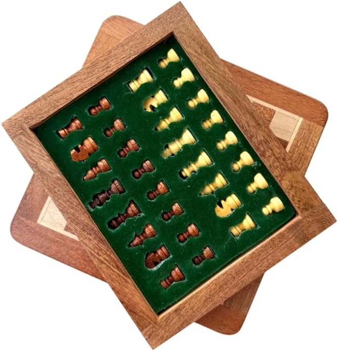 Wooden Chess and Checkers Board Game Set, Deluxe Wood Board with Storage Box, Classic (5 inch, Brown and Beige)