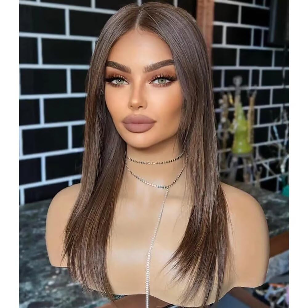 #2 Dark Brown Color Soft Straight HD Lace Front Human Hair Wigs Silk Base Top Wig 13x6 Transparent Lace with Baby Hair Bleached Knots Pre Plucked Natural Hairline 150% Density 16inch