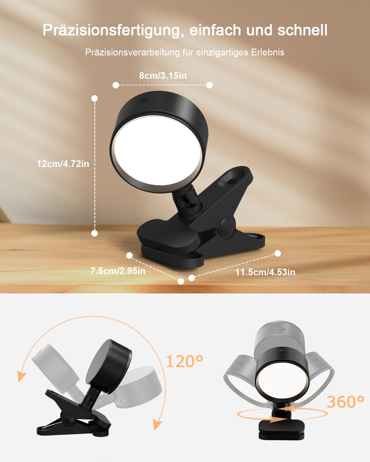 Leselampe Bett Akku Kabellos mit 5000mAh, Klemmlampe Bett mit 3 Farben Dimmbar Touch Fernbedienung, USB-C Klemmleuchte LED mit 360° Drehbare, Nachttischlampe Klemmbar für Schlafzimmer Camping