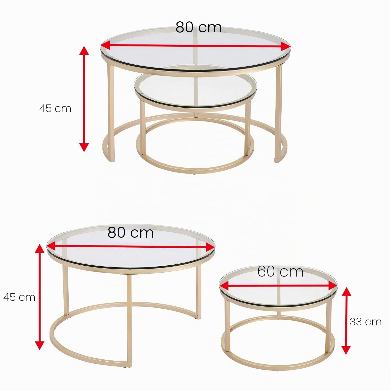 Huuryoudo Set di 2 tavolini da salotto, in vetro dorato con struttura in metallo, per balcone, divano, tavolo con piccolo tavolo da salotto, piano in vetro dorato
