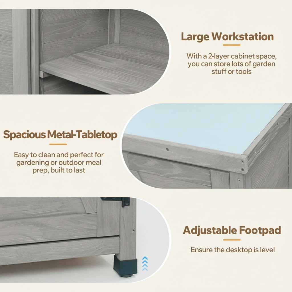 Outdoor Potting Bench with Metal Table Top, Work Station Table with Storage Cabinet & Vented Louvered Doors,Wooden Tool Station Shed for Backyard,Patio,Lawn Gardening (Gray)