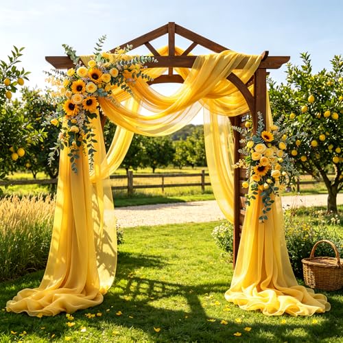 Image of Wedding Arch Draping Fabric, 2 Panels 30 inch x 20Ft Yellow Sheer Curtain Drapes Extra Wide & Long Backdrop Curtains for Bridal Shower Backdrop Outdoor Party Arches Church Ceremony Decoration