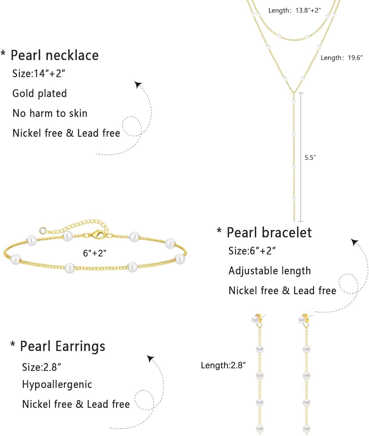 HERIER Gold Jewelry Set for Women - Dainty 14K Gold/Silver Plated Pearl Choker Necklace, Drop Earrings & Bracelets - Wedding Trendy Pearl Jewelry Gift image 5