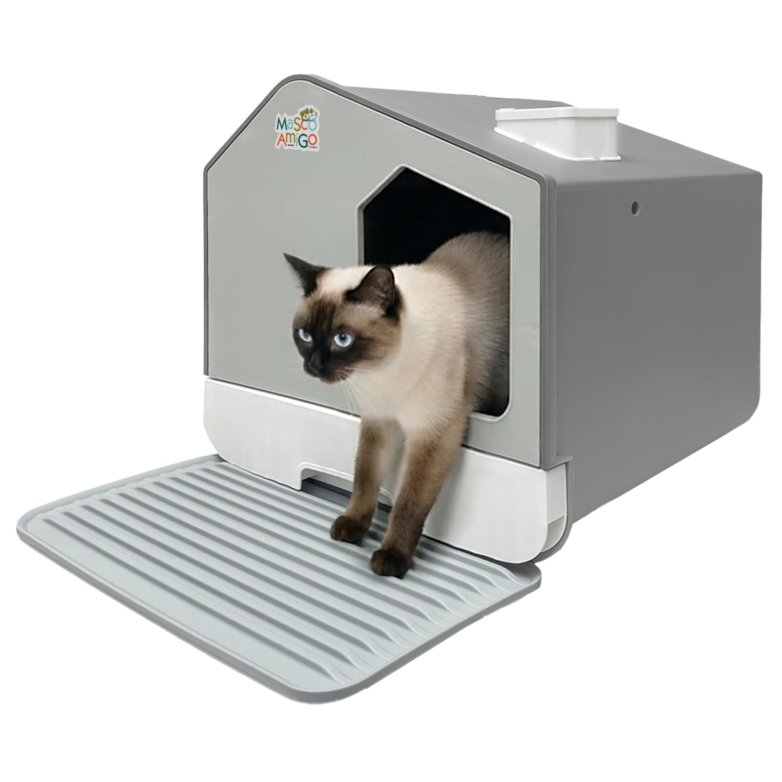 MASCOAMIGO Arenero para Gato Cerrado Grande Antiolores - Caja de Arena Tipo Casa con Cernidor, Incluye Pala Recogedora y Tapete Alfombrilla Atrapa Arena, Plástico Resistente (Gris)