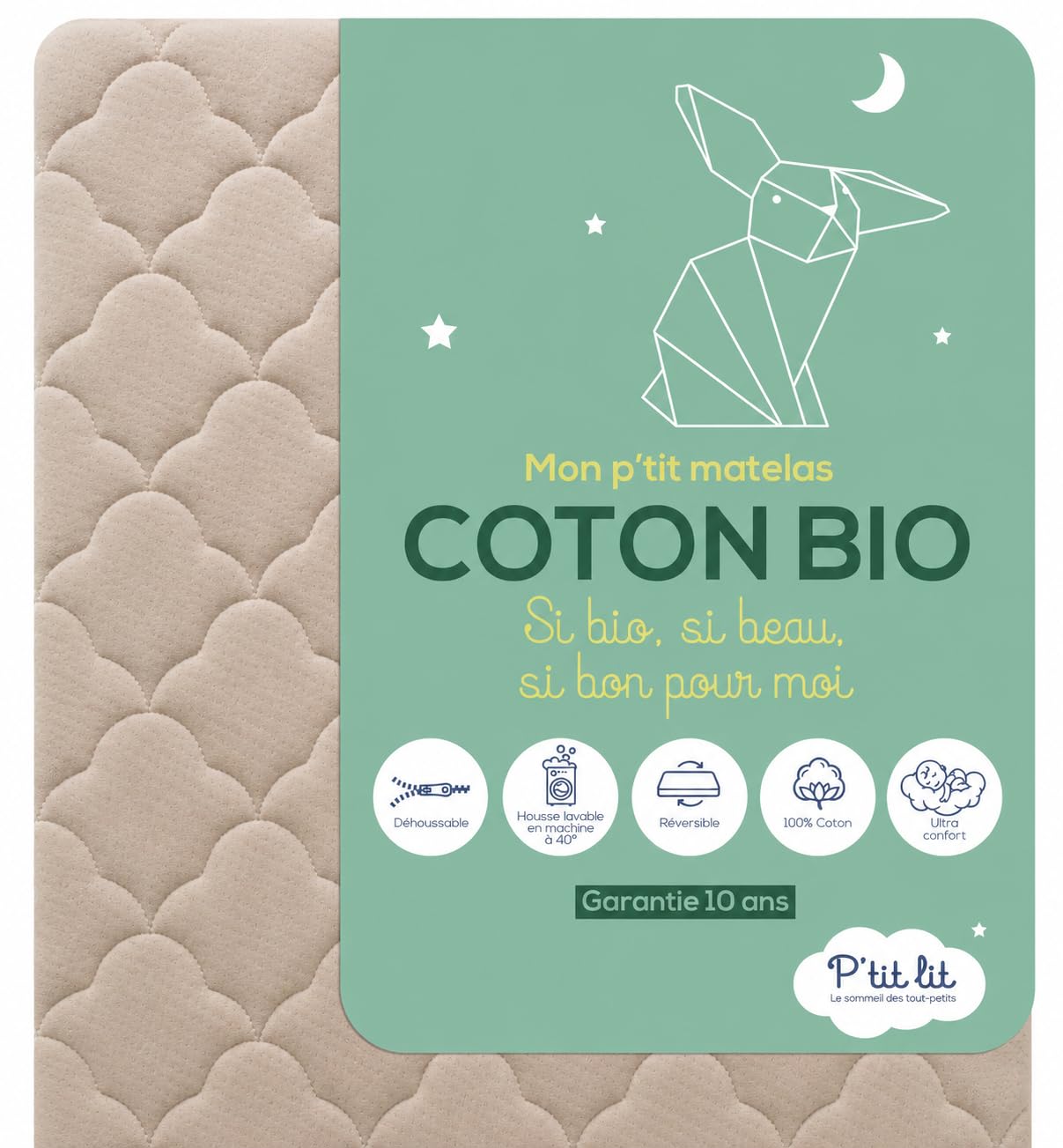 P'TIT LIT - Matelas Enfant/Bébé Coton Bio - 70x140 cm - 100% Coton : matière Naturelle d'origine Végétale - sans Traitement Chimique - Déhoussable - Oeko Tex® - Fabrication Française