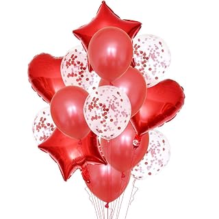 Rozi Decoration Metallic & Confetti Balloons For Party Decoration Red Air or Helium Supported For Wedding Birthday Anniversary Party (Red, 14 Pcs Set)