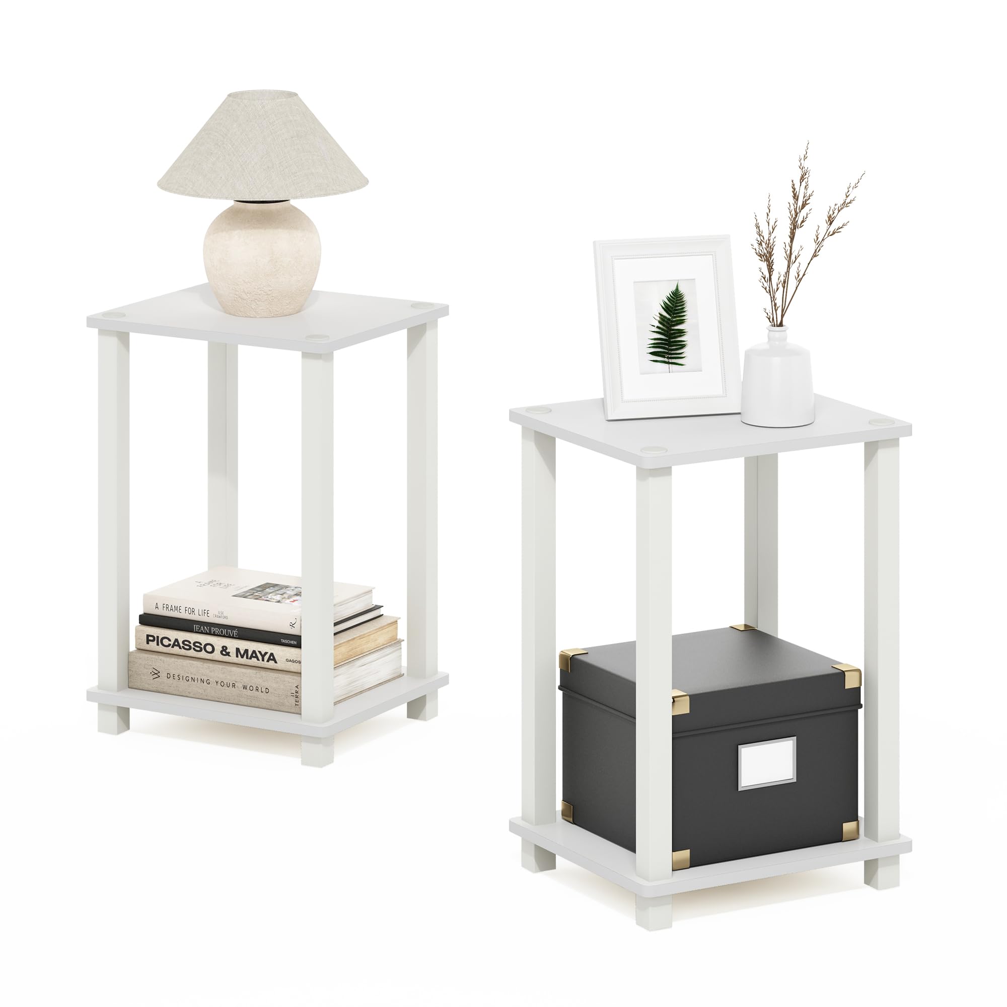 Furinno Simplistic Side Tables Set of 2, 2-Tier Small End Tables with Open Shelf, Easy Assembly Toolless Night Stands, Nightstand, for Living Room, Bedroom, White