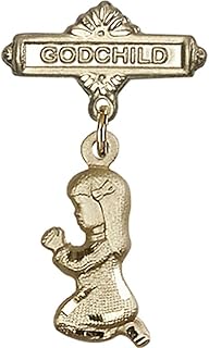 14kt Yellow Gold Baby Badge with Praying Girl Charm and Godchild Badge Pin 1 1/8 X 5/8 inches