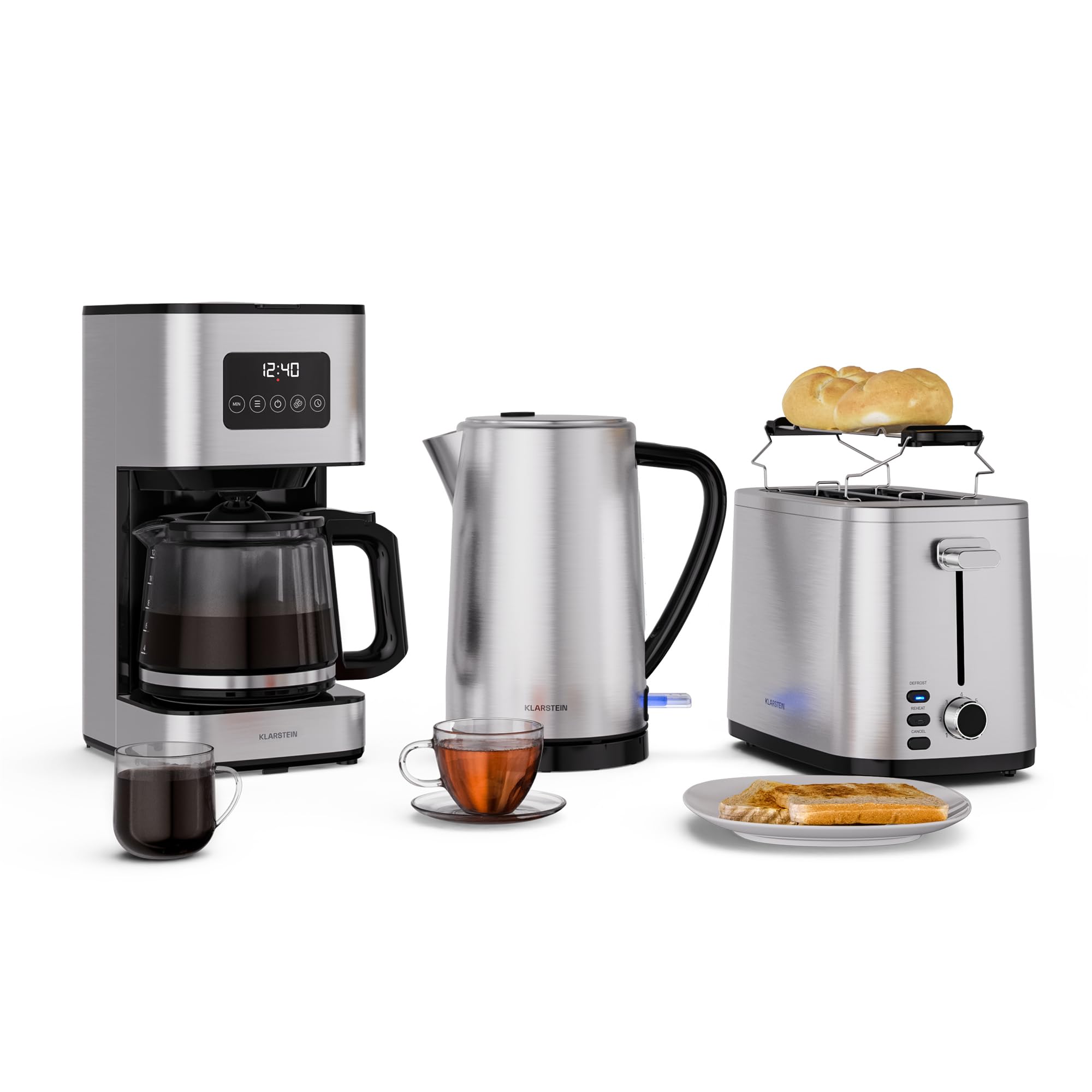 Klarstein Verosteel Set Petit-Déjeuner Complet – Grille-Pain 2 Fentes 7 Niveaux, Bouilloire Électrique Inox 1,7L, Cafetière Filtre 12 Tasses, Design Moderne, Support à Petits Pains