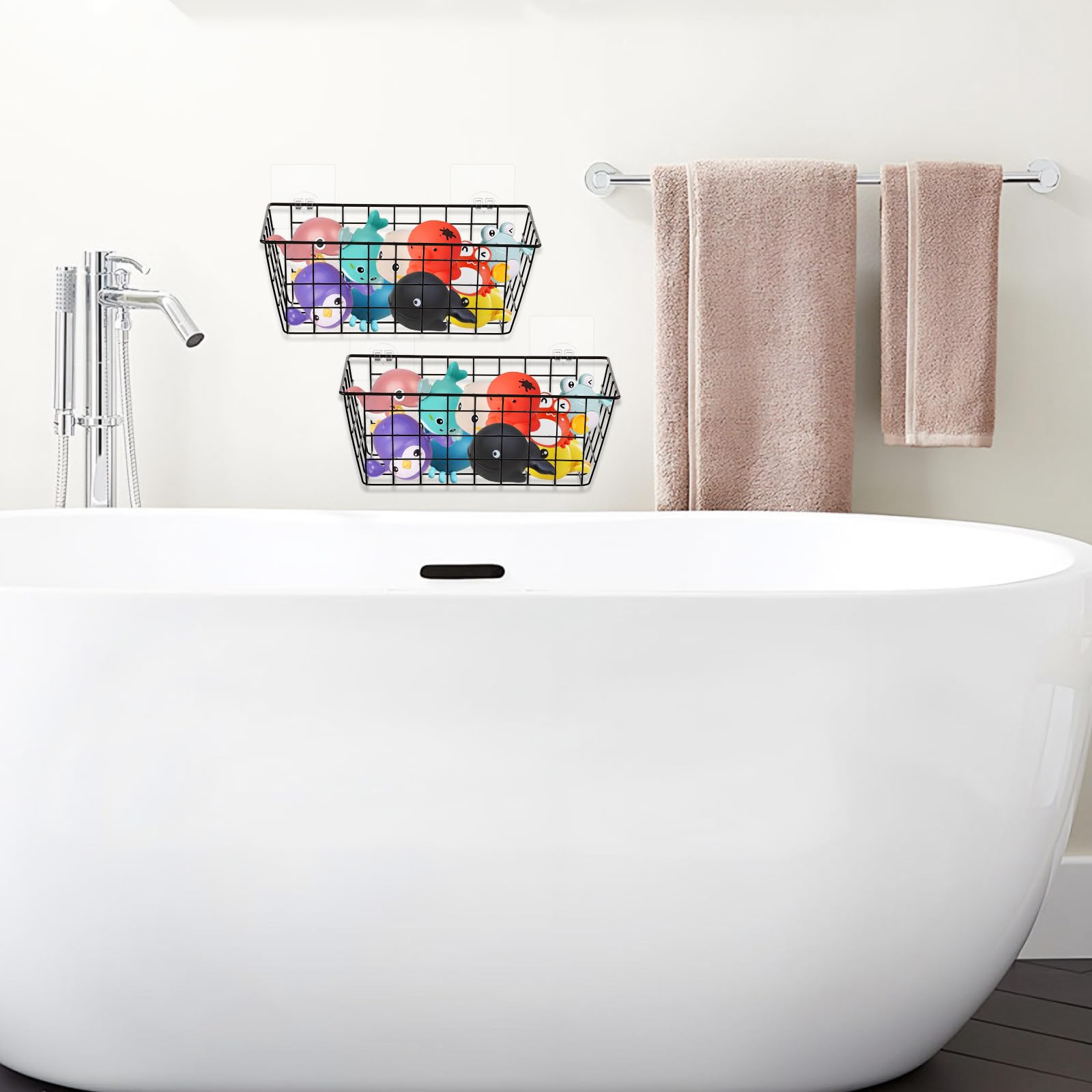 YEXEXINM Lot de 2 organisateurs de rangement en métal pour jouets de bain, panier de douche en maille suspendu avec crochets adhésifs pour baignoire, grand porte-jouets de bain pour ranger les jouets