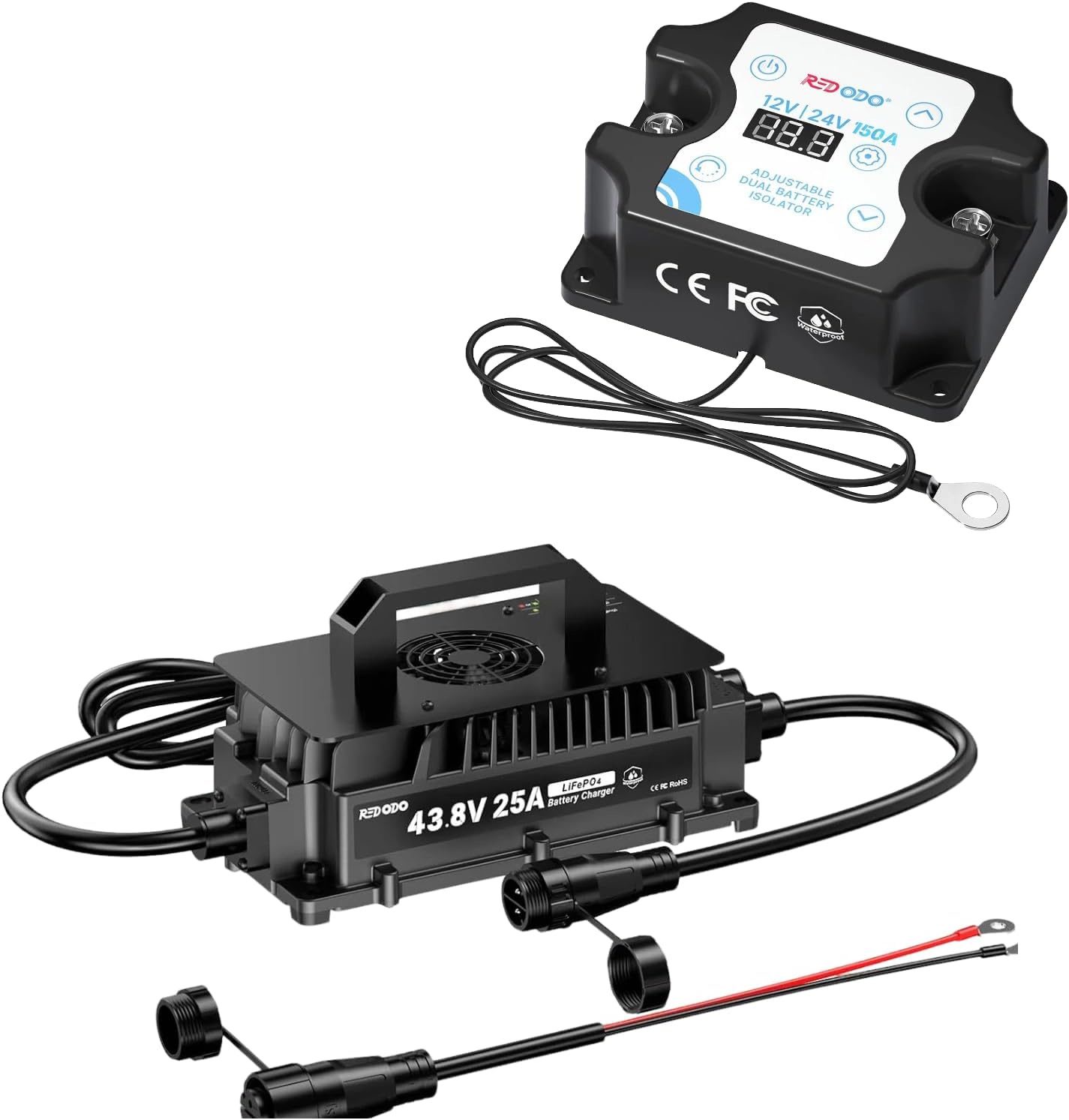 Redodo IP65 Waterproof 43.8V 25A LiFePO4 Battery Charger + 12V/24V 150A Adjustable Battery Dual Isolator (VSR)