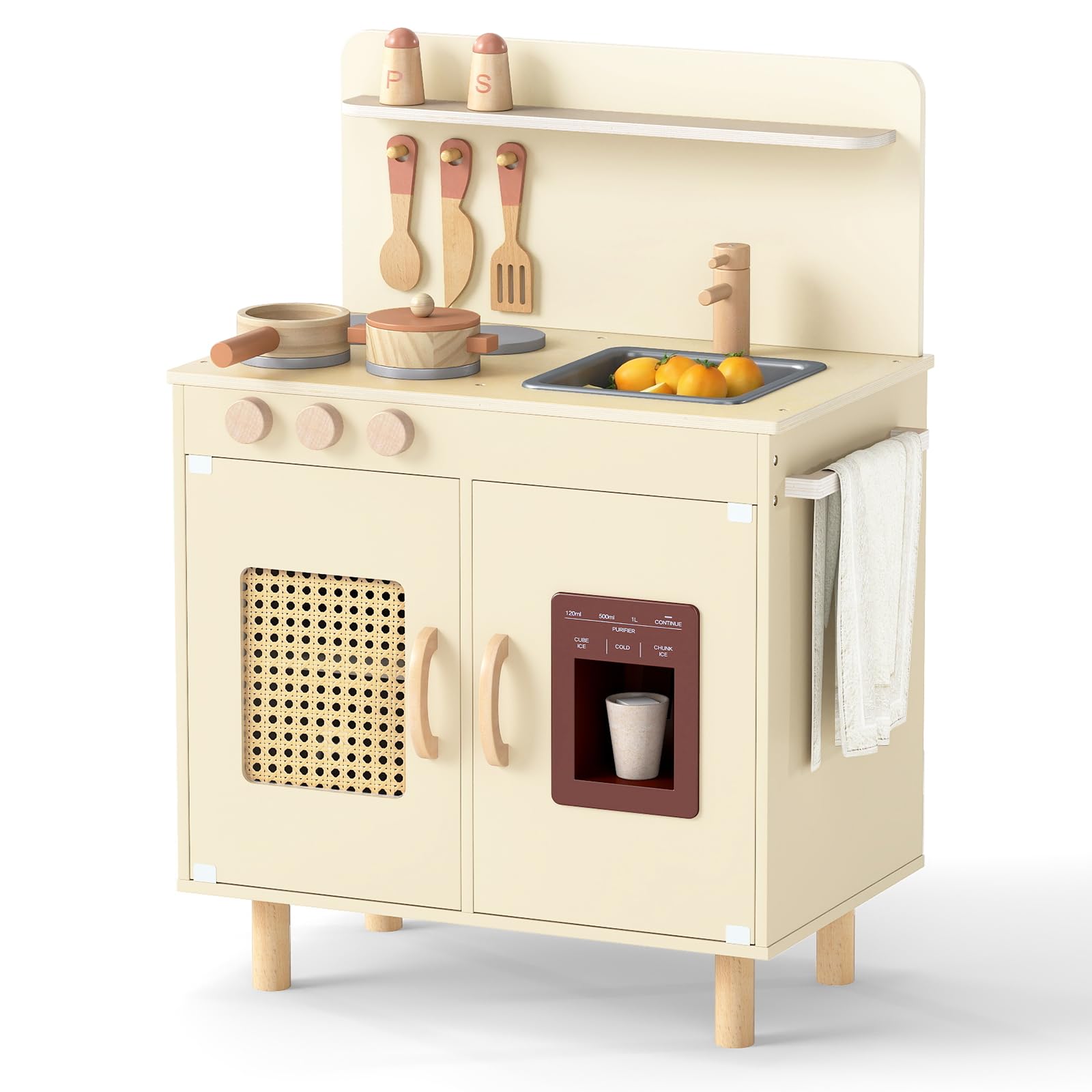 COSTWAY Kids Play Kitchen, Wooden Pretend Toy Kitchen Playset with Realistic Ice Maker, Stove, Water Sink & Accessories, Children's Chef Role Play Set for 3+ Years Old Boys Girls (Yellow)
