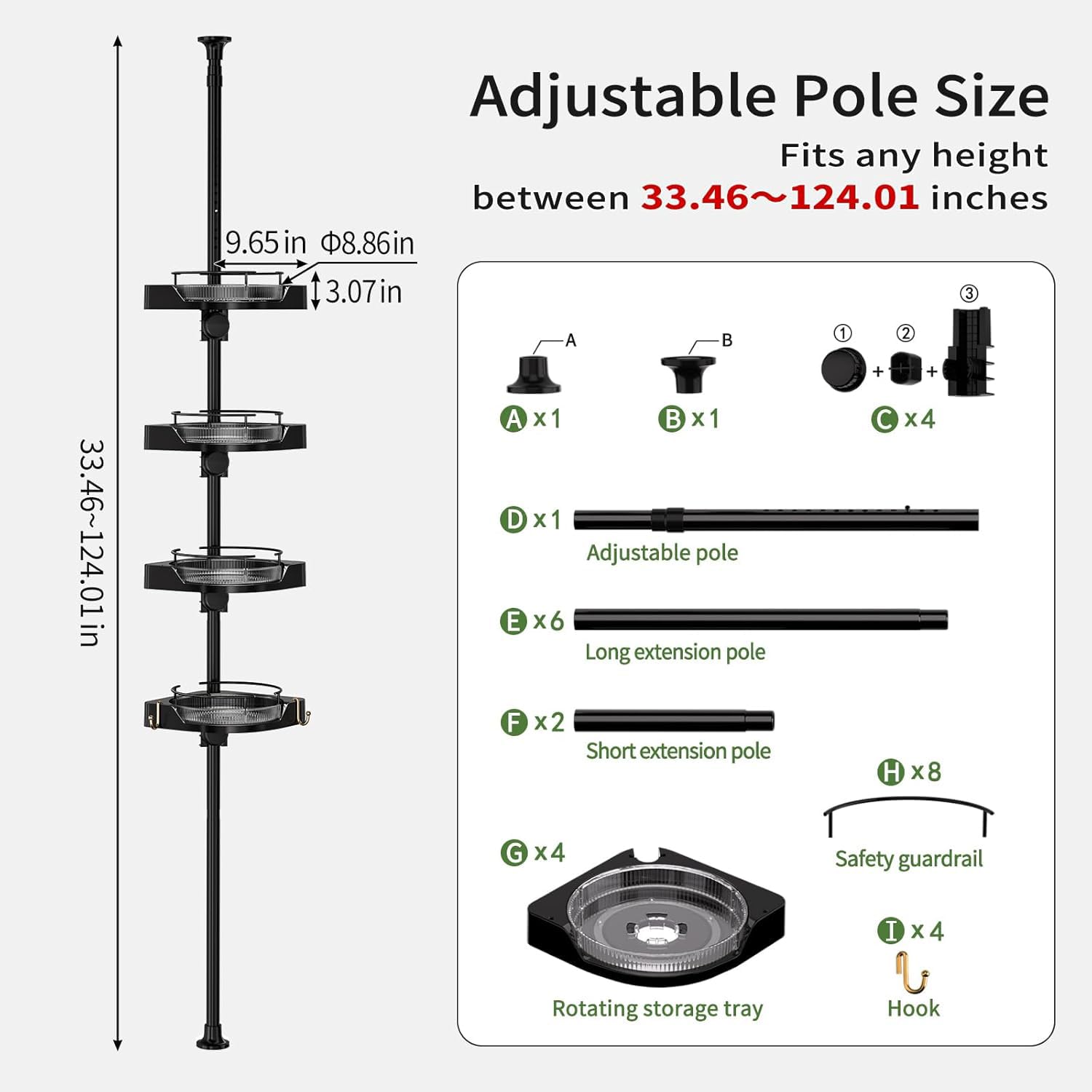shuang qing shuang qing 360° Rotating Corner Shower Caddy Tension Pole Organizer - 4-Tier Adjustable Rustproof Metal Pole, Plastic Shelves with Safety Guardrail, Bathroom Storage for Shower & Bathtub(Black) in use