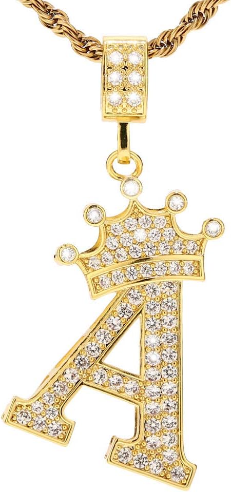 A-Z Letters Necklace Crown Necklace for Men Women 18K Gold Plated Letters Pendants with 23'' Chain Hip Hop Alphabet Name Jewelry Mom Gifts
